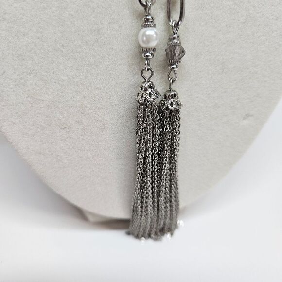 VINTAGE Premier Designs Silver Tone Beaded Tassel Long Chain Necklace - Picture 2 of 9